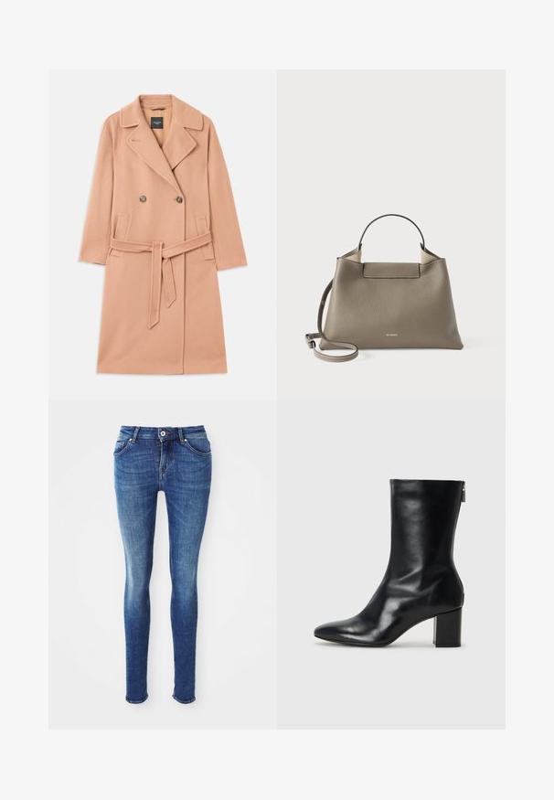 Kaput s odlomkom breskve, izrađen od vune, dvostruko zakopčavanje, s velikim reverima, dva prednja džepa i odgovarajućim remenom u struku.; Crna pamučna majica kratkih rukava s okruglim izrezom, položena ravno na bijeloj pozadini, s vidljivom oznakom branda unutar ovratnika.; Plave uske traperice s glatkom teksturom, srednjim strukom, pet džepova i laganim izbljeđivanjem na bedrima. Imaju metalnu dugmad i zatvaranje na patentni zatvarač.; Crne kožne gležnjače s oštrim vrhom i blok petom visokom 4 cm. Elegantni dizajn s bočnim patentnim zatvaračem za jednostavno obuvanje. Glatka tekstura.; Torba od teksturirane sive kože s gornjom ručkom i podesivim remenom za rame, koja se odlikuje minimalističkim dizajnom i suptilnim brendiranjem utisnutim sprijeda.