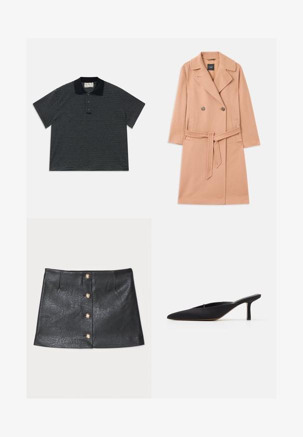 Perzikkleurige wolmix jas, dubbele knopen, met grote revers, twee voorkezen en een bijpassende riem in de taille.; Zwarte polo met korte mouwen, voorzien van dunne witte horizontale strepen en drie knopen aan de voorkant, met een zwarte kraag en een stoffen label aan de binnenkant van de hals.; Zwarte leren mini-rok met een strakke uitstraling, voor sluiting met knopen en gouden accenten, en een textuur met een subtiele glans.; Zwarte muiltje met spitse neus en een strak ontwerp, gemaakt van gladde stof, met een slanke hak en open achterkant voor gemakkelijk aan- en uittrekken.