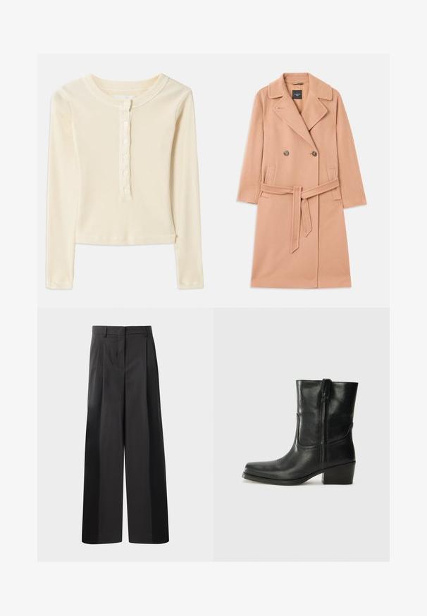 Pezsgő színű gyapjú keverék kabát, dupla soros gombolással, nagy hajtókákkal, két elülső zsebbel és illeszkedő övvel a deréknál.; Világos sárga, bordázott, hosszú ujjú felső, kerek nyakkivágással és hat gombbal az elülső részén. A fazon cropped alsó résszel és puha textúrával rendelkezik.; Fekete, bő szárú nadrág magas derékkal, elöl plissékkel, sima felülettel és igényes kidolgozással. Kényelmes viseletre tervezve.; Fekete bőr bokacsizma lekerekített orral, blokk sarkúval, oldalsó cipzárral és varrásos díszítéssel az elején. Simább textúra, klasszikus dizájn.