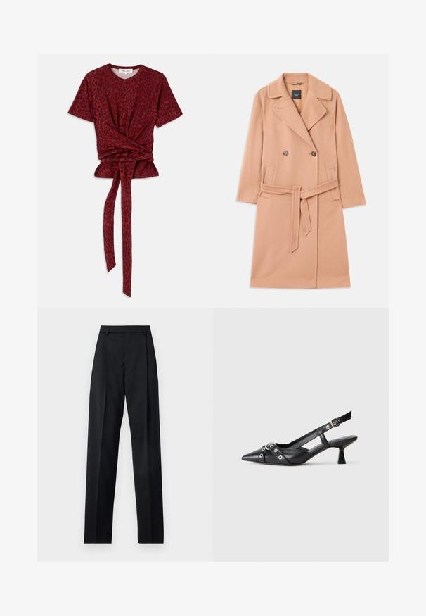 Kabát z vlnenej zmesi v broskyňovej farbe, dvojradové zapínanie, s veľkými klopami, dvoma prednými vreckami a zodpovedajúcim opaskom v páse.; Červené tričko s leopardím vzorom, okrúhlym výstrihom, krátkymi rukávmi a uzlovým detailom v páse; vyrobené z mäkkého, textúrovaného materiálu.; Čierne nohavice vyrobené z hladkej látky s vysokým pásom, širokými nohavicami, prednými záhybmi a klasickými pútkami na opasok. Žiadne bočné vrecká nie sú viditeľné.; Čierne kožené slingback topánky s špicatou špičkou, ozdobnými popruhmi s kovovými očkami a nízkym blokovým podpätkom. Textúrovaný povrch.