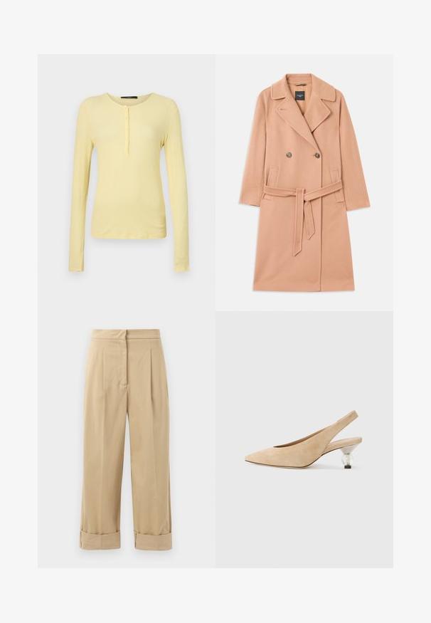 Peachfarvet uldblandingsfrakke, dobbeltbrystet design, med store revers, to frontlommer og et matchende bælte i taljen.; Langærmet, ribbet T-shirt i lys gul med rund halsudskæring og fem knaplukning. Blød tekstur med slim fit.; Beige, vide bukser med to frontfolder, oprullede manchetter og en glat tekstur. Fremstillet af letvægtsstof, der giver en afslappet pasform.; Beige ruskind slingback sko med spids tå og en gennemsigtig, rund hæl. Glat tekstur og minimalistisk design.