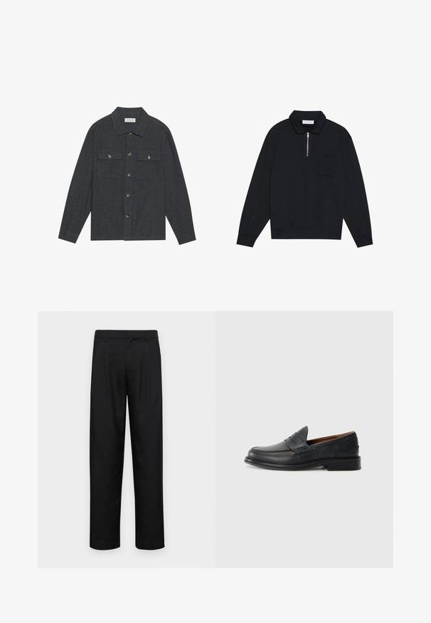 Chemise boutonnée gris foncé avec col, deux poches poitrine et manches longues. Fabriquée à partir d'un tissu texturé avec des boutons en métal.; Pier One Sweatshirt - black; Pantalons noirs en tissu lisse, avec une coupe droite, deux plis avant et une taille standard avec passants de ceinture.; Mocassins en cuir noir avec un design cousu, bout arrondi, petit talon empilé et style slip-on. Texture lisse avec une légère brillance.