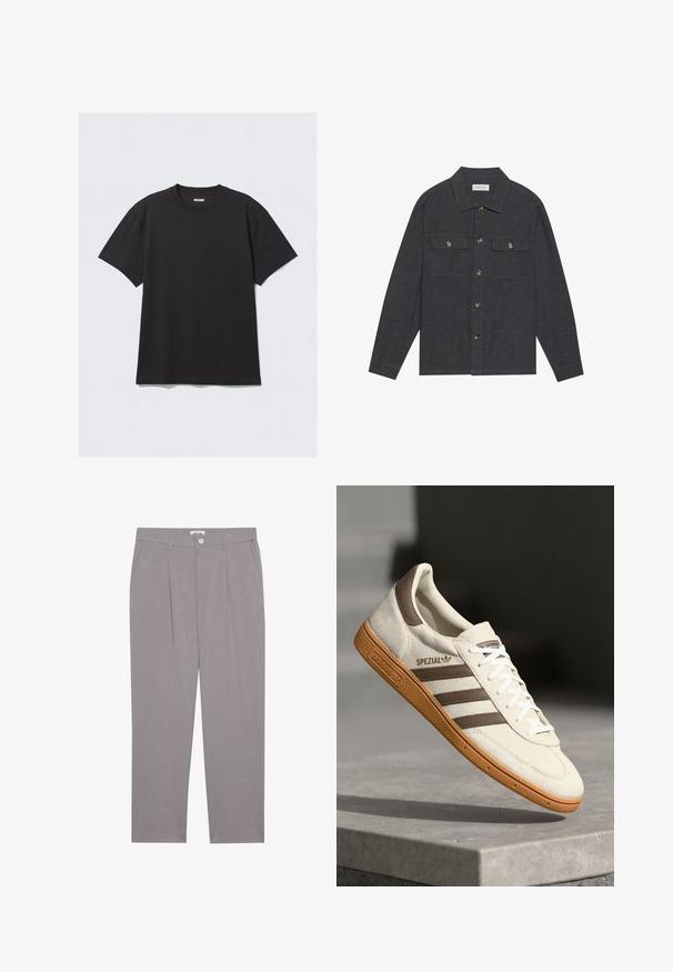 Dunkelgraues Hemd mit Knopfleiste und Kragen, zwei Brusttaschen und langen Ärmeln. Hergestellt aus einem strukturierten Stoff mit Metallknöpfen.; Schwarzes T-Shirt mit kurzen Ärmeln aus Baumwolle. Hat einen Rundhalsausschnitt und eine lockere Passform. Einfaches Design ohne sichtbare Muster oder Akzente.; Graue maßgeschneiderte Hosen mit geradem Schnitt, ausgestattet mit zwei vorderen Taschen, Falten und einem Knopfverschluss. Hergestellt aus leichtem Material.; Weiße Wildleder-Sneaker mit braunen Lederakzenten, drei braunen Streifen und weißen Schnürsenkeln. Verfügt über eine strukturierte Gummisohle und ein goldenes "SPEZIAL"-Logo.