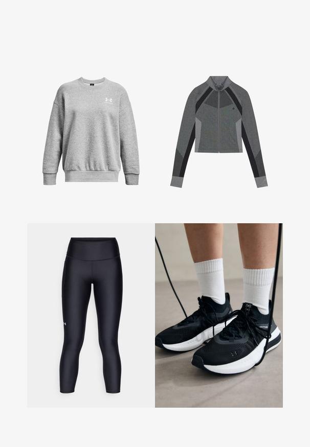 Gray athletic zip-up jacket with a high collar, textured paneling, and mesh accents. Features long sleeves and a fitted design.; Gray sweatshirt made from soft material, featuring a crew neck, dropped shoulders, ribbed cuffs, and a small white logo on the left chest.; Black leggings made of smooth, stretchy fabric. High-waisted design with a close fit and a small logo on the left leg.; Black athletic shoes with textured fabric, white sole, and black laces. Worn with white ribbed socks, standing on a light surface.
