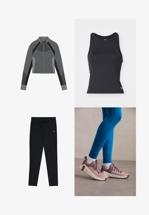 Grå atletisk jakke med zip og høy krage, teksturert panelering og mesh-detaljer. Har lange ermer og en tettsittende design.; Svart, ermela treningstopp med rund hals, laget av glatt, elastisk materiale. Har en liten logo nederst til høyre.; Svarte leggings med en glatt tekstur, som har en snor i livet og en subtil logo. Designet er tettsittende og smalner inn ved anklene.; Athletiske sko i lys rosa og beige med teksturerte sid paneler, brune accenter og fleksible såler. Båret med blå tights og hvite sokker.
