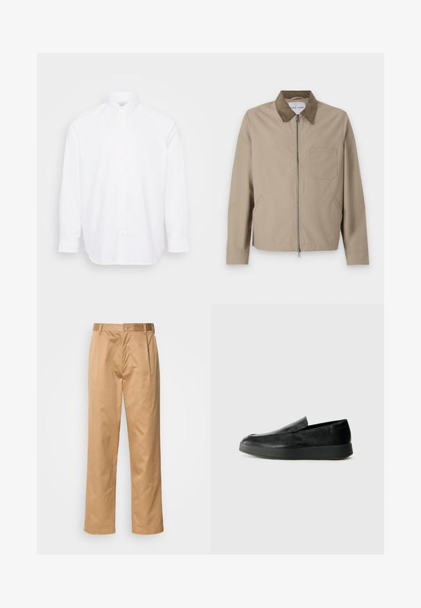 Μπεζ ζακέτα με καφέ σουέτ γιακά, μπροστινό φερμουάρ, δύο πλαϊνές τσέπες και μία τσέπη στο στήθος. Λείο υλικό και μοντέρνος σχεδιασμός.; Λευκό πουκάμισο με μακριά μανίκια και κουμπιά, φτιαγμένο από βαμβάκι, με κλασσικό γιακά, κλείσιμο με κουμπιά και στρογγυλή άκρη. Λείο, απλό ύφασμα.; Χακί παντελόνι, σε σύνθεση βαμβακιού, ευθεία γραμμή, εμπρόσθιες πτυχές, θηλιές ζώνης και κουμπί κλεισίματος. Λείο ύφασμα χωρίς σχέδια.; Calvin Klein HYBRID CUP - Παπούτσια χωρίς κορδόνια - triple black
