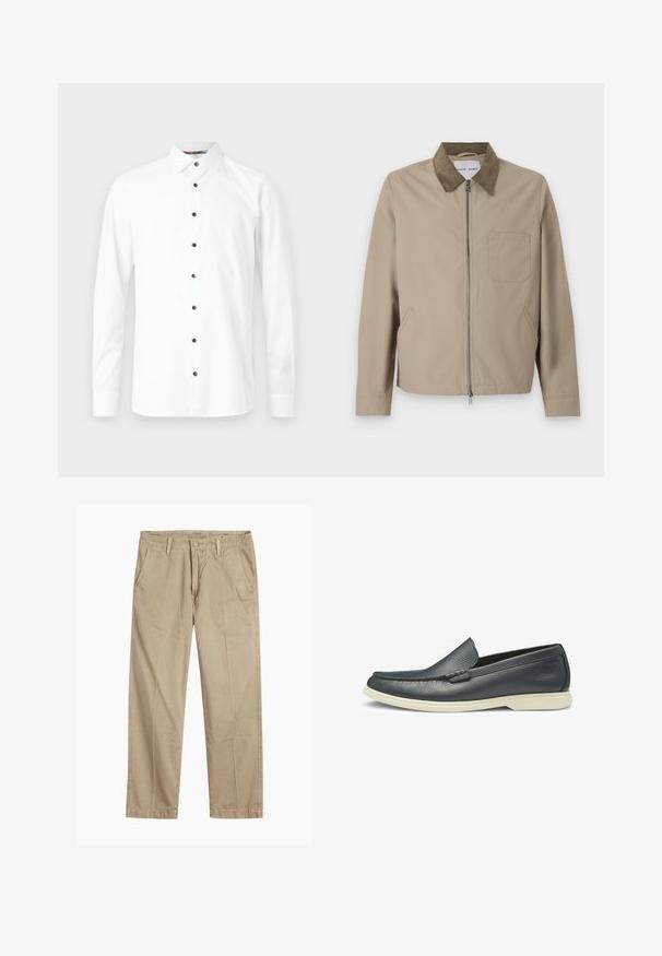 Beige Jacke mit einem braunen Wildlederkragen, Frontreißverschluss, zwei Seitentaschen und einer Brusttasche. Glatte Textur und modernes Design.; Weißes Langarmhemd mit Button-Down-Kragen, ausgestattet mit schwarzen Knöpfen und einer glatten Textur. Keine Muster oder Grafiken sichtbar.; Beige gerade geschnittene Chinos mit Gürtelschlaufen, vorderem Knopf- und Reißverschlussverschluss sowie schrägen Fronttaschen.; Navy Leder Slipper mit glatter Textur, elastischem Design und kontrastierendem weißen Gummi-Sohle. Mit einem dekorativen gestickten Akzent auf dem Vorderblatt.