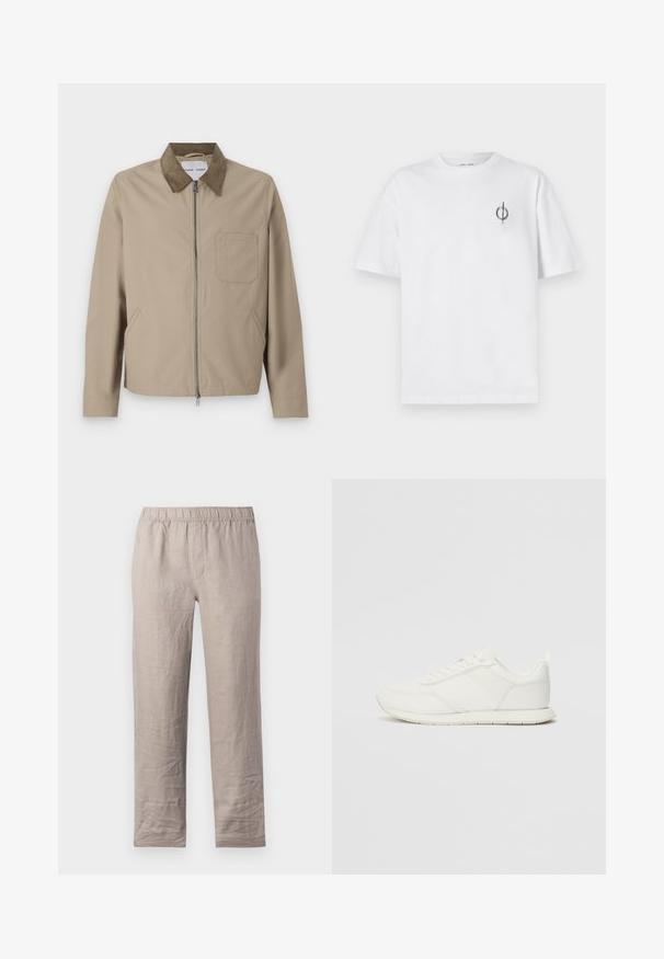 Beige jakke med brun semsket krage, frontglidelås, to sidelommer og en brystlomme. Glatt tekstur og moderne design.; Hvit bomull t-skjorte med avslappet passform, med en liten svart grafisk logo på venstre brystområde. Korte ermer, rund hals.; Lyse beige linbukser med elastisk liv, rett ben-design og uten synlige lommer. Glatt tekstur med lette rynker.; Hvit sneaker med en mesh- og syntetisk overdel, rund tå, flate lisser og en teksturert sidestropp. Gummisåle med en pull-tab bak.