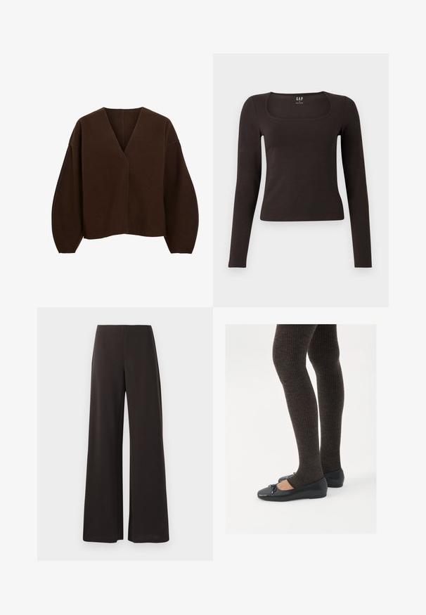 Barna, oversized pulóver V nyakkal és hosszú, ballon stílusú ujjal. Puha anyagból készült, sima tapintással és minimális varrási részletekkel.; Fekete, hosszú ujjú, elasztikus felső négyzet alakú dekoltázzsal, GAP felirattal, fehér háttér előtt bemutatva.; Fekete, bővítő nadrág sima, rugalmas anyagból készült. Magas derekú, letisztult, minimalista dizájnnal rendelkezik, amelyen nincsenek látható záródások.; Fekete lapos cipők kis masni díszítéssel az orrán, sötétbarna bordázott harisnyával párosítva. A cipők sima textúrával és alacsony profilúak.