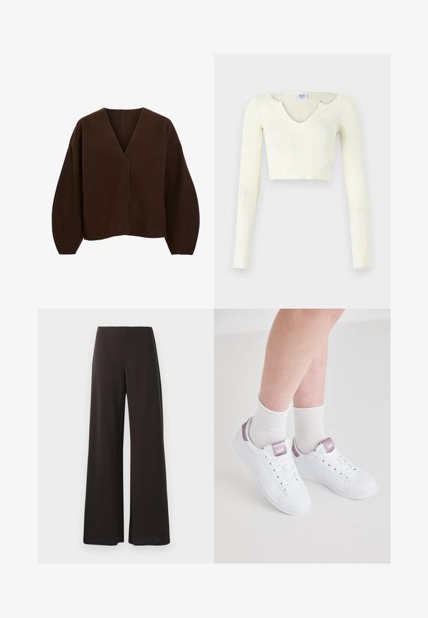 Pulôver marron, oversized, com decote em V e mangas longas estilo balão. Feito de um tecido suave com uma textura lisa e detalhes de costura mínimos.; Top crop em material de malha off-white. Mangas longas com textura canelada e pequenos recortes à volta do decote.; Calças largas pretas feitas de um tecido suave e elástico. Apresentam uma cintura alta e um design limpo e minimalista, sem fechos visíveis.; Ténis brancos com detalhes roxos, com malha e biqueira redonda. Combinados com meias brancas de cano curto, apoiados sobre um fundo claro.