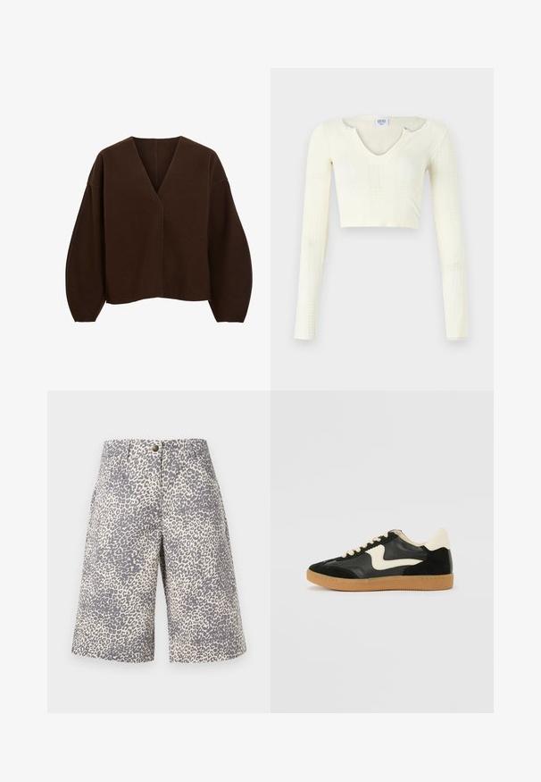 Pulôver marron, oversized, com decote em V e mangas longas estilo balão. Feito de um tecido suave com uma textura lisa e detalhes de costura mínimos.; Top crop em material de malha off-white. Mangas longas com textura canelada e pequenos recortes à volta do decote.; Calções com padrão de leopardo em bege claro e cinza, apresentando um fecho de botão e um design ajustado, com uma textura suave e corte na altura do joelho.; Sapatilha em camurça e couro pretos com um swoosh lateral em creme e um calcanhar em creme claro. Apresenta atacadores bege e uma sola de borracha tipo gum.