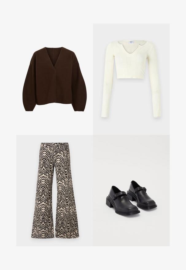 Brown, oversized pullover with a V-neck and long, balloon-style sleeves. Made from soft fabric with a smooth texture and minimal stitching details.; Crop top in off-white knit material. Long sleeves with ribbed texture and small cut-out details around the neckline.; Wide-leg pants made of fabric with a beige and black zebra print pattern, featuring a high waist and traditional five-pocket design.; Black leather shoes with a rounded toe, flat sole, and a strap with a buckle detail. Chunky block heel for added stability.