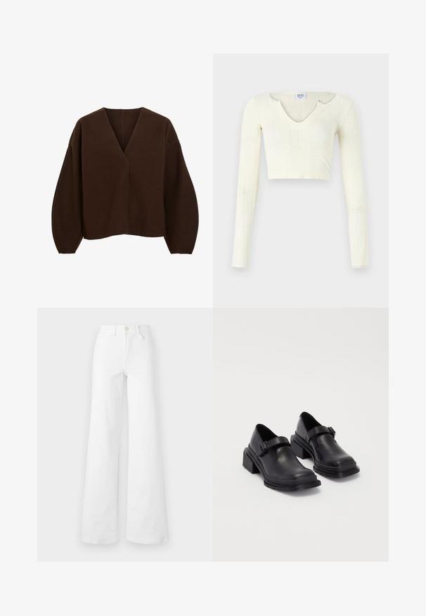 Brown, oversized pullover with a V-neck and long, balloon-style sleeves. Made from soft fabric with a smooth texture and minimal stitching details.; Crop top in off-white knit material. Long sleeves with ribbed texture and small cut-out details around the neckline.; White wide-leg jeans in denim fabric with a high waist, featuring front pockets, belt loops, and a button closure. Smooth texture, no patterns.; Black leather shoes with a rounded toe, flat sole, and a strap with a buckle detail. Chunky block heel for added stability.