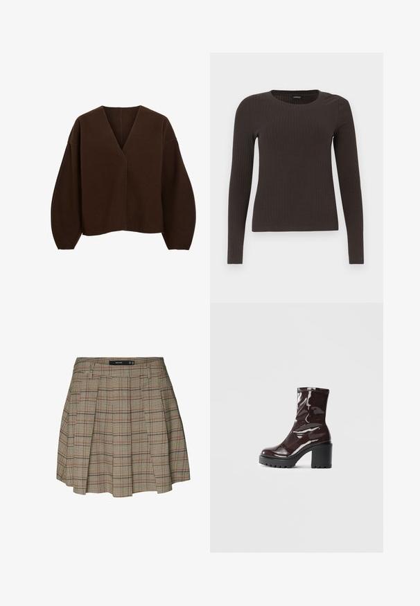 Brun, överdimensionerad tröja med V-hals och långa, ballongliknande ärmar. Tillverkad av mjukt tyg med en slät textur och minimala sömnadsdetaljer.; Brun långärmad ribbad topp med rundad halsringning. Tillverkad av ett mjukt, elastiskt material, med en figurnära silhuett och minimala detaljer.; Vero Moda VMELLIE MITTLERE TAILLE - A-linjekjol - silver mink; Glansig bordeauxfärgad ankelsko med en kraftig svart klack, som har en slät yta och enkel design. Inga synliga stängningar eller mönster.