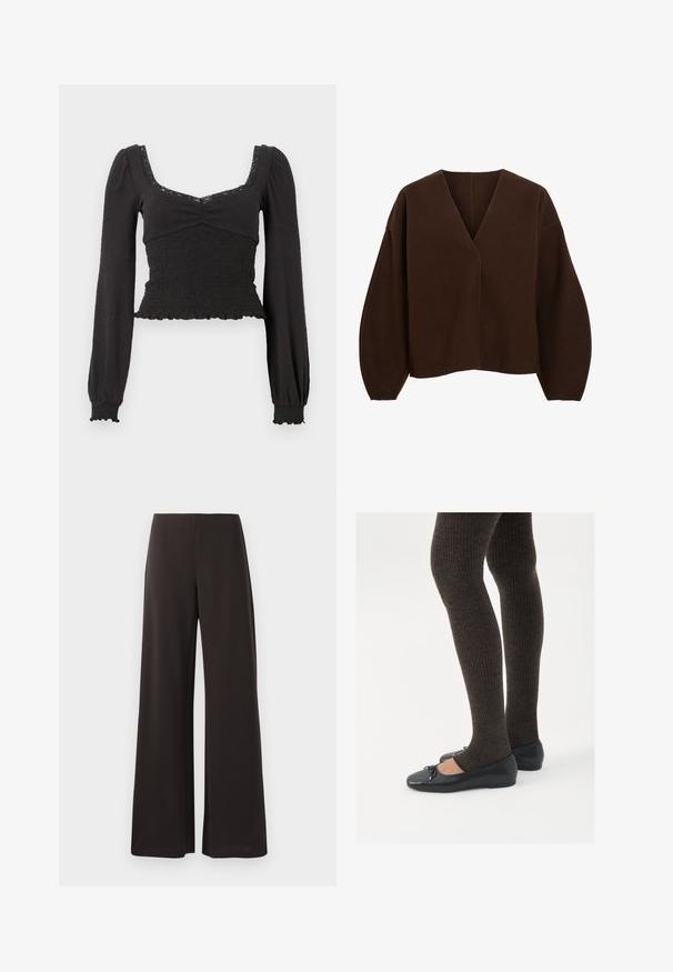 Rudas, per didinį dydį puloveris su V formos iškirpte ir ilgomis, baliono stiliaus rankovėmis. Pagamintas iš minkštos medžiagos, kuri turi lygų paviršių ir minimalias siuvimo detales.; Juoda ilgomis rankovėmis palaidinė su kvadratiniu iškirpimu, dekoruota surinktos tekstūros ir nėrinių akcentais. Volangų apdaila apačioje ir aplink riešus suteikia prigludusį dizainą.; Juodos plačios kojos kelnės, pagamintos iš sklandžios, tamprios medžiagos. Turi aukštą juosmenį ir švarų, minimalistinį dizainą be matomų užsegimų.; Juodos plokščios bateliai su maža kaspinėlio detale prie pirštų, derinami su tamsiai rudos spalvos raukšlėtomis pėdkelnėmis. Bateliai turi lygų paviršių ir žemą profilį.