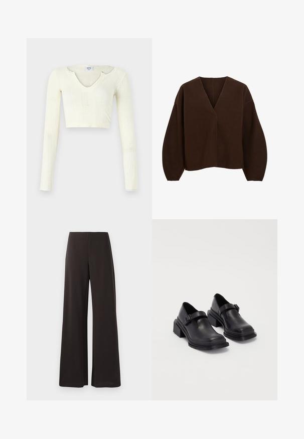Hnedý, oversized pulóver s výstrihom do V a dlhými balónovými rukávmi. Vyrobený z mäkkého materiálu s hladkou textúrou a minimálnymi švovými detailami.; Pruhovaný crop top z off-white pleteniny. Dlhé rukávy s rebrovanou textúrou a malými výrezmi okolo výstrihu.; Čierne nohavice s širokými nohavicami vyrobené z hladkej, elastickej tkaniny. Majú vysoký pás a čistý, minimalistický dizajn bez viditeľných zapínaní.; Čierne kožené topánky s okrúhlou špičkou, plochou podrážkou a remienkom s detailom pracky. Hrubý blokový opätok pre väčšiu stabilitu.