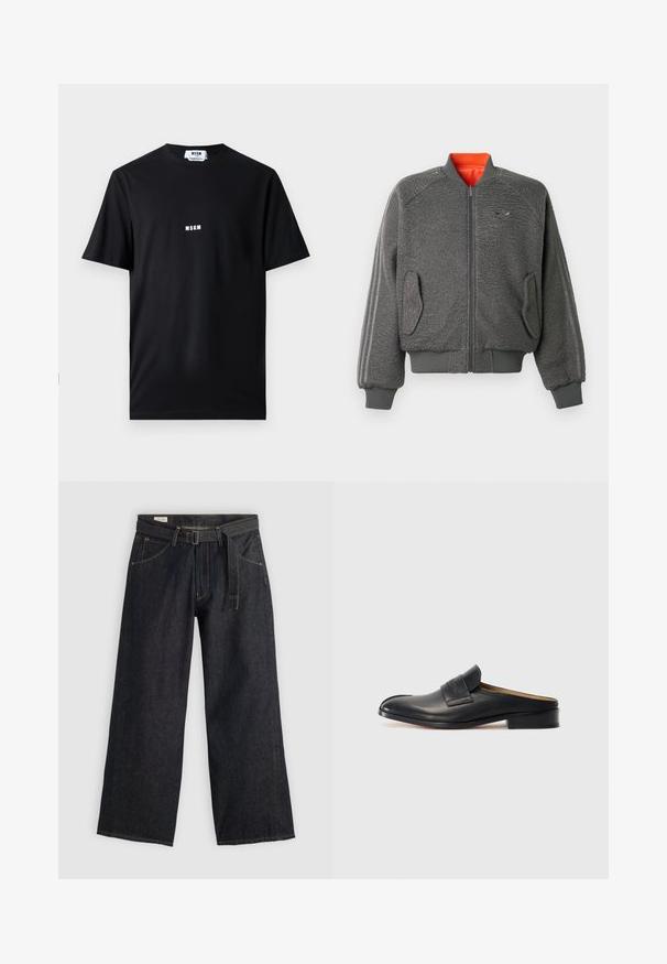 Grijze textuur zip-up bomberjack met ribgebreide manchetten en zoom, flapzakken, subtiele Adidas-logo en oranje kraagvoering.; Zwarte katoenen t-shirt met ronde hals en korte mouwen. Voorkant toont het witte "MSGM" logo gecentreerd. Soepele textuur, normale pasvorm.; Donker denim wijde broek met een gestrikt taille, voorzien van zijzakken en contrasterende stiksels. Gladde textuur met een strak ontwerp.; Zwarte leren instapschoen met een ronde neus, lage blokhak en een bandje aan de voorkant. Gladde textuur met subtiele logo-detail op het bandje.