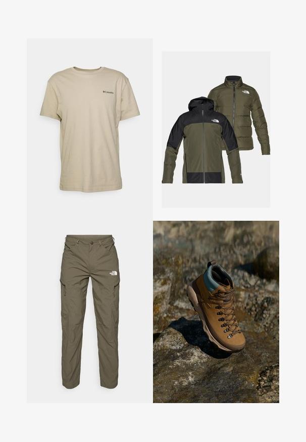 Dva bundy: vodoodolná, s kapucňou, zelená s čiernymi akcentmi a ľahká zelená puffer bunda. Obe majú logá na hrudi.; Béžové bavlnené tričko s krátkymi rukávmi, okrúhlym výstrihom a malým čiernym logom na ľavej strane hrudníka. Hladká textura, vhodný na bežné nosenie.; Zelenohnedé vonkajšie nohavice vyrobené z ľahkej tkaniny, s cargo vreckami, zipsovými akcentmi a logom na hornej strane stehna.; Hnedá turistická obuv so syntetickým vrchom, svetlo modrým golierom, kovovými očkami a textúrovanou gumovou podrážkou. Navrhnutá na vonkajšie aktivity.