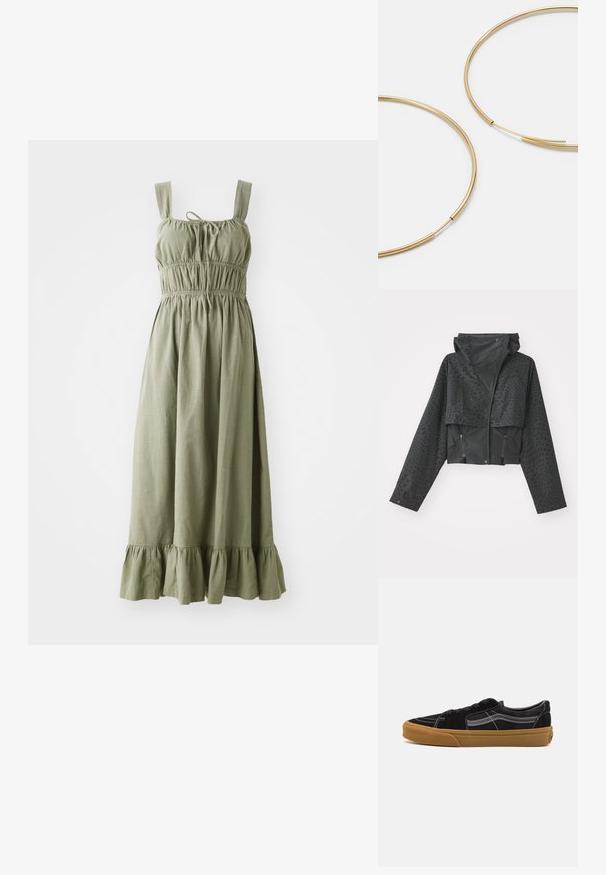 Melns īsais tens, kas aprīkots ar kapuci, ar tekstūru ģeometrisko rakstu, garām piedurknēm un aizveramiem sānu kabatām. Izgatavots no viegla materiāla.; Olīvzaļš maxi kleita, izgatavota no viegla auduma, ar regulējamām siksnām, elastīgu jostu un savāktu volānu apakšmalu.; Melnbra zamša sporta apavi ar baltām šuvēm un raksturīgo sānu strīpu, ar brūnu gumijas zoli un zemu dizainu. Saistīti ar melnām šņorēm.; Zelta krāsas auskari gredzena formā, plāni un apaļi, ar gludu metāla apdari un bez rotājumiem vai zīmējumiem.