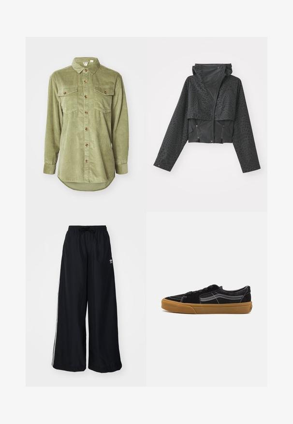 Black cropped jacket with a hood, featuring a textured geometric pattern, long sleeves, and zippered side pockets. Made from a lightweight material.; Olive green corduroy shirt with a button-down front, two chest pockets, and long sleeves. Features a rounded hem and textured fabric.; Black wide-leg pants made from lightweight fabric. Features an elastic waistband with drawstring and white side stripes. Brand logo on hip.; Black suede sneakers with white stitching and signature side stripe, featuring a tan rubber sole and low-top design. Laced with black shoelaces.