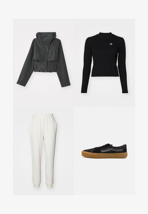 Zwarte cropped jas met een capuchon, voorzien van een gestructureerd geometrisch patroon, lange mouwen en ritszakken aan de zijkant. Gemaakt van lichtgewicht materiaal.; Zwarte lange mouw top met een ribbelstructuur, hoge halslijn en een klein geborduurd logo op de linkerborst. Beschikt over een aansluitend cropped ontwerp.; Witte, taps toelopende sweatpants van zachte stof met een elastische tailleband en manchetankels. Voorzien van zijzakken voor extra gemak.; Zwarte suède sneakers met witte stiksels en een kenmerkende zijstrip, voorzien van een tan rubberen zool en een low-top ontwerp. Geknoopt met zwarte veters.