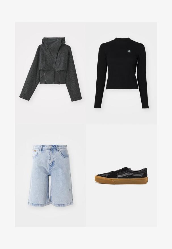 Čierna skrátená bunda s kapucňou, s textúrovaným geometrickým vzorom, dlhými rukávmi a zipsovými bočnými vreckami. Vyrobená z ľahkého materiálu.; Čierny top s dlhým rukávom a ryhovanou textúrou, s vysokým výstrihom a malým vyšitým logom na ľavej strane hrude. Má priliehavý, skrátený strih.; Svetlo modré denimové šortky s vysokým pásom, voľným strihom a prednými vreckami. Dekoratívne prešívanie a vyšitý logotyp značky na boku.; Čierne semišové tenisky s bielym prešívaním a podpisovou bočnou pruhou, s tan gumovou podrážkou a nízkym dizajnom. S šnúrkami v čiernej farbe.