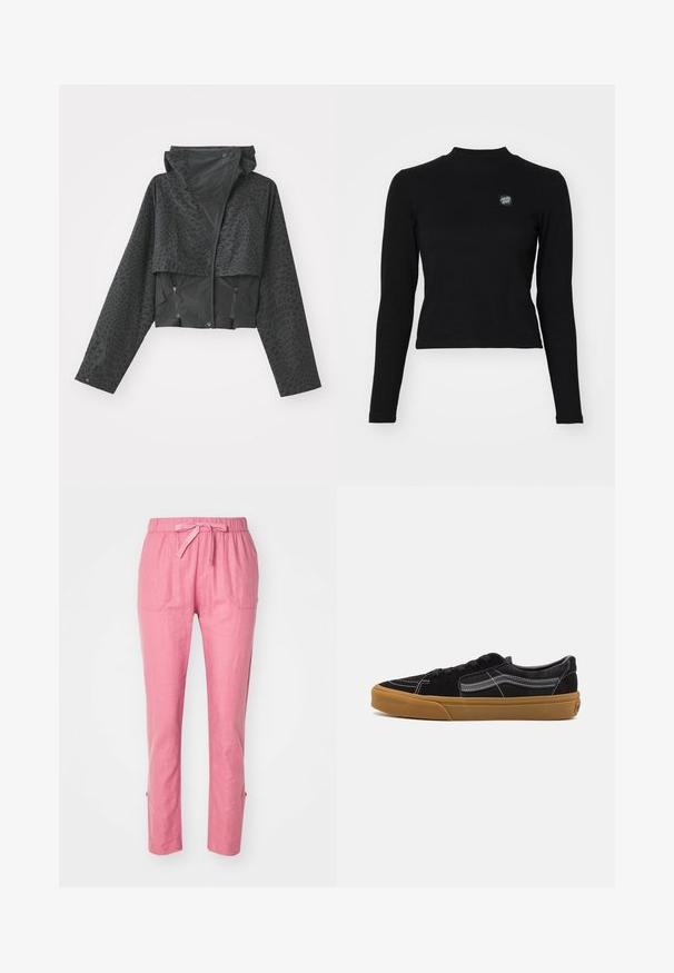 Zwarte cropped jas met een capuchon, voorzien van een gestructureerd geometrisch patroon, lange mouwen en ritszakken aan de zijkant. Gemaakt van lichtgewicht materiaal.; Zwarte lange mouw top met een ribbelstructuur, hoge halslijn en een klein geborduurd logo op de linkerborst. Beschikt over een aansluitend cropped ontwerp.; Roze linnen broek met een elastische tailleband, koord en twee voorzakken. Rechte snit met zijsplitten aan de onderkant.; Zwarte suède sneakers met witte stiksels en een kenmerkende zijstrip, voorzien van een tan rubberen zool en een low-top ontwerp. Geknoopt met zwarte veters.