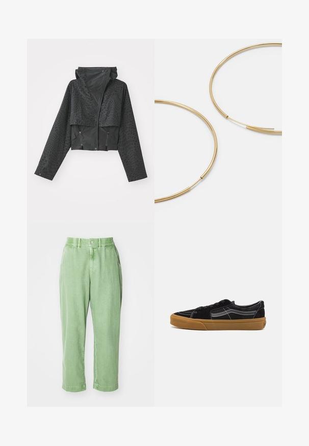 Chaqueta negra corta con capucha, con un patrón geométrico texturizado, mangas largas y bolsillos laterales con cremallera. Fabricada con un material ligero.; Top negro de manga larga con textura acanalada, cuello alto y un pequeño logotipo bordado en el lado izquierdo del pecho. Presenta un diseño ajustado y corto.; Pantalones verde claro de corte relajado, confeccionados en un material suave. Presentan una cinturilla con botón y elástica, con bolsillos laterales y perneras ajustadas.; Zapatillas de ante negro con costuras blancas y franja lateral distintiva, que presentan una suela de goma marrón y un diseño de corte bajo. Atadas con cordones negros.; Pendientes de aro color dorado, delgados y redondos, con un acabado metálico suave y sin adornos ni patrones.