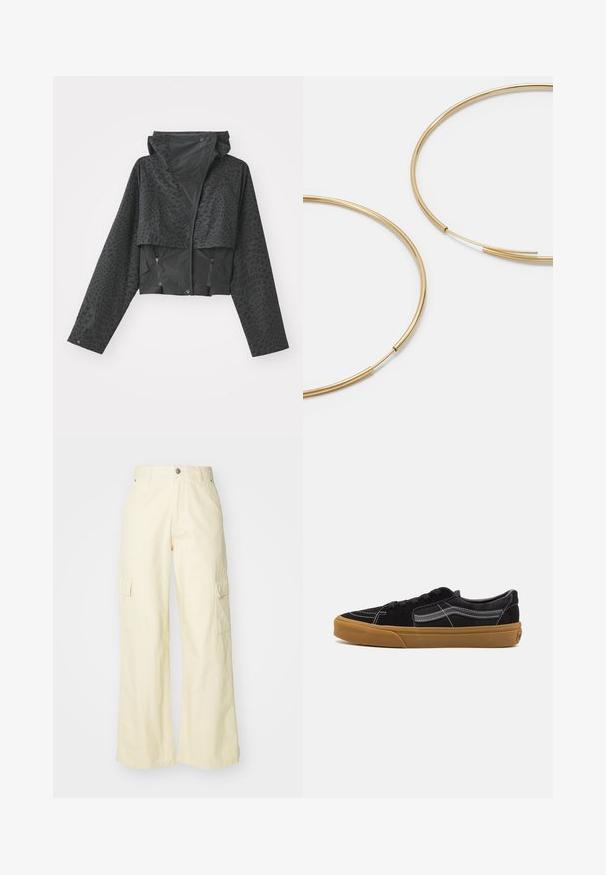 Zwarte cropped jas met een capuchon, voorzien van een gestructureerd geometrisch patroon, lange mouwen en ritszakken aan de zijkant. Gemaakt van lichtgewicht materiaal.; Zwarte lange mouw top met een ribbelstructuur, hoge halslijn en een klein geborduurd logo op de linkerborst. Beschikt over een aansluitend cropped ontwerp.; Brede cargobroek van lichtgele katoen. Voorzien van twee zijzakken en een knoopsluiting. Glad textuur met een relaxte pasvorm.; Zwarte suède sneakers met witte stiksels en een kenmerkende zijstrip, voorzien van een tan rubberen zool en een low-top ontwerp. Geknoopt met zwarte veters.; Gouden oorringen, dun en rond van vorm, met een gladde metallic afwerking en zonder versieringen of patronen.