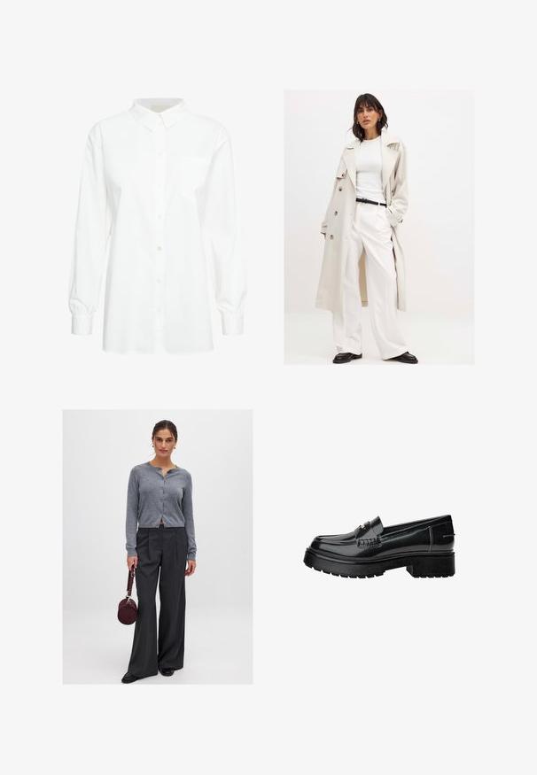 Svetlo béžový trenčkot s veľkými gombíkmi, nosený cez biely rebrovaný top a biele široké nohavice. Čierny opasok a čierne topánky dotvárajú vzhľad.; Biela košeľa s dlhým rukávom a gombíkmi vyrobená z bavlny. Obsahuje klasický golier, jednu náprsné vrecko a zhromaždené manžety. Hladká textúra.; Sivý kardigán s gombíkmi a ryhkovanou textúrou, skombinovaný s vysokými pruhovanými nohavicami s širokými nohavicami. Model drží okrúhlu bordovú tašku.; Čierne lakované kožené mokasíny s robustnou podrážkou, ozdobným pásikom a jemným prešívaním. Gumený povrch na spodnej časti.