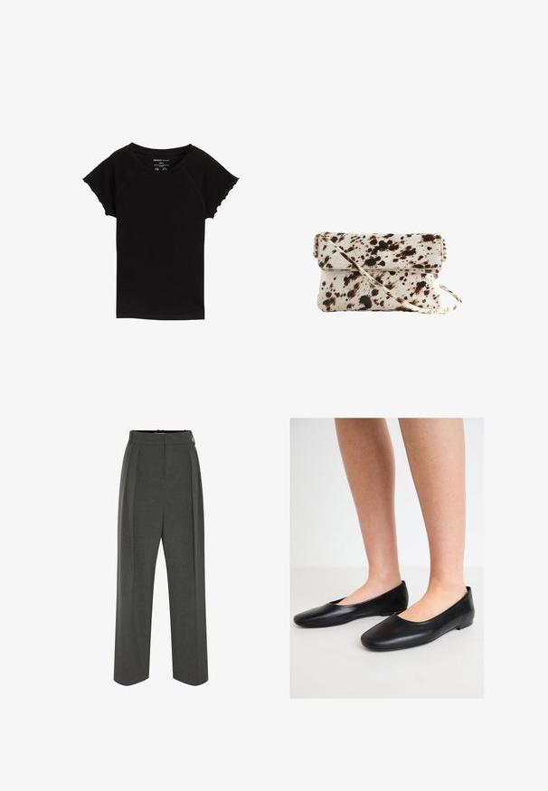 Svetlo béžový trenčkot s veľkými gombíkmi, nosený cez biely rebrovaný top a biele široké nohavice. Čierny opasok a čierne topánky dotvárajú vzhľad.; Čierne tričko s krátkym rukávom a okrúhlym výstrihom, vyrobené z mäkkej tkaniny. Má zaoblené okraje na rukávoch a minimálne švy.; Sivé široké nohavice z textúrovaného materiálu s vysokým pásom a záhybmi vpredu. Dizajn zahŕňa hladký pás a žiadne viditeľné zapínanie.; Čierne baletky vyrobené z hladkej kože s okrúhlou špičkou a nízkou, plochou podrážkou, s dizajnom na obúvanie a bez viditeľných kovových prvkov.; Kabelka z hovädzej kože s krémovým základom a tmavohnedými škvrnami, obdĺžnikového tvaru, so sklápacou klapkou a odnímateľným ramenným popruhom.
