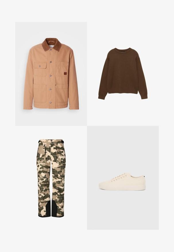 Tan jack met een kraag van bruine ribstof, gemaakt van katoencanvas. Voorzien van twee borstzakken, twee onderzakken en drukknoopsluitingen.; Bruine gebreide trui met een ronde halslijn, lange mouwen en een ontspannen pasvorm. Soepele textuur met geribde manchetten en zoom.; Camouflage-patroon broeken in beige en groen. Gemaakt van synthetisch materiaal met een losse pasvorm en meerdere zakken. Zwarte accenten aan de boorden.; Beige canvas sneakers met ronde neus, platte rubberen zool en vetersluiting aan de voorkant. Heeft een minimalistisch ontwerp en een contrasterende zwarte accent bij de hiel.