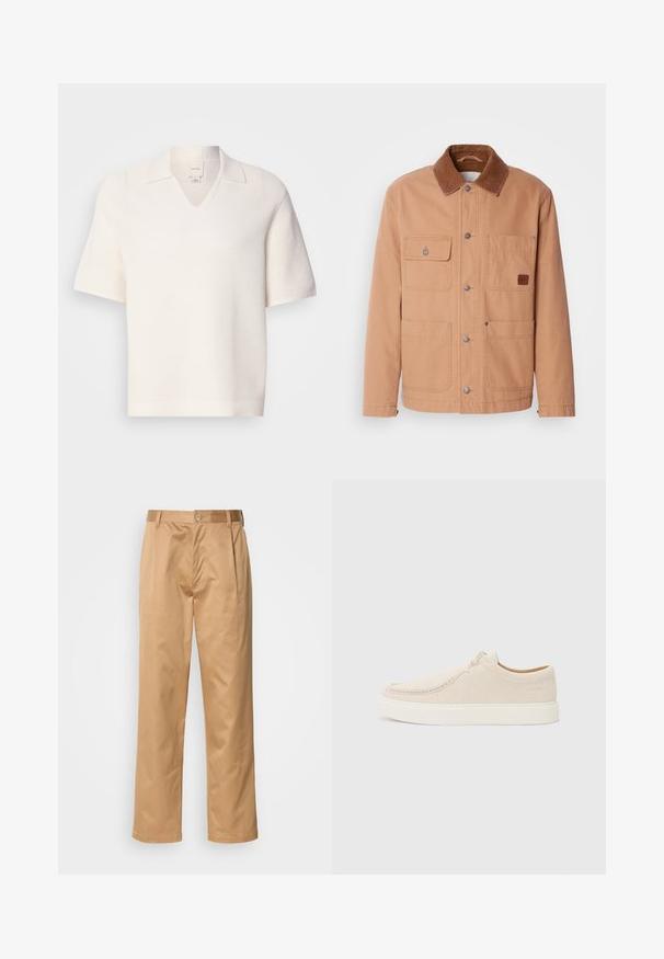 Karamelės spalvos švarkas, pagamintas iš medvilninio kanvos audinio, su rudais kordūrovo apykaklėmis. Jame yra dvi krūtinės kišenės, dvi apatinės kišenės ir spaudžių mygtukų užsegimas.; Trumpas rankovės, V-žandikaulio polo marškiniai tekstūruotu baltu audiniu. Yra apykaklė ir subtilus raibuliuotas raštas, suteikiantis struktūrizuotą išvaizdą.; Kaki kelnės, medvilnės mišinys, tiesaus kirpimo dizainas, priekiniai raukiniai, diržo kilpos ir mygtuko uždarymas. Lygus audinys be raštų.; Šviesiai smėlio spalvos zomšiniai sportbačiai su apvaliomis nosimis, minimaliais siūlais ir balta guma. Turi paprastą raištelių užsegimą ir prekės ženklo detalę.