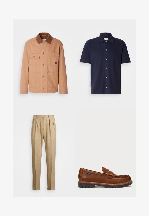 Kasta jaka, izgatavota no kokvilnas kanvas, ar brūnu korduroja apkakli. Iespējo divas krūšu kabatas, divas apakšējās kabatas un sprādžu aizdares.; Tumši zila īsās piedurknes polo krekls ar klasisku apkakli, aprīkots ar pogu aizdari un mazu izšūtu logotipu uz krūts.; Bēšas lina bikses ar taisnu griezumu, ar divām priekšējām krokām, pogu aizdari un sānu kabatām. Strukturēta auduma virsma ar gludu apdari.; Brūni ādas loafers ar dekoratīvu šuvumu un teksturētu purngalu. Zole ir izstrādāta ar izturīgu dizainu, nodrošinot saķeri un ilgnoturību.