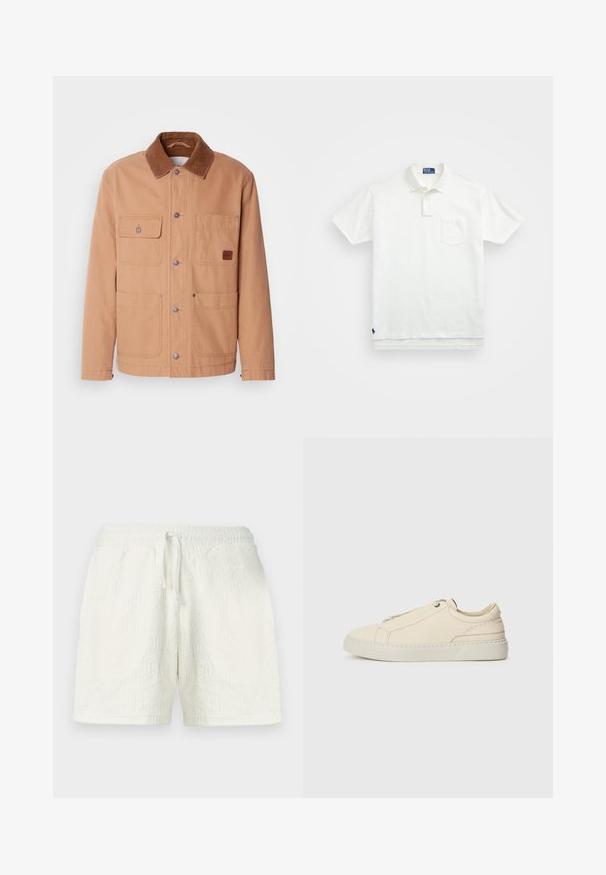 Tan jacket made of cotton canvas with a brown corduroy collar. Features two chest pockets, two lower pockets, and snap button closures.; White polo shirt made of cotton, featuring a classic collar, three-button placket, and a left chest pocket; small logo at the hem.; White shorts made from textured fabric featuring a geometric pattern. Elastic waistband with drawstring for adjustable fit.; Beige leather sneaker with a rounded toe, minimalistic design, subtle stitching details, and a textured upper, on a light sole.