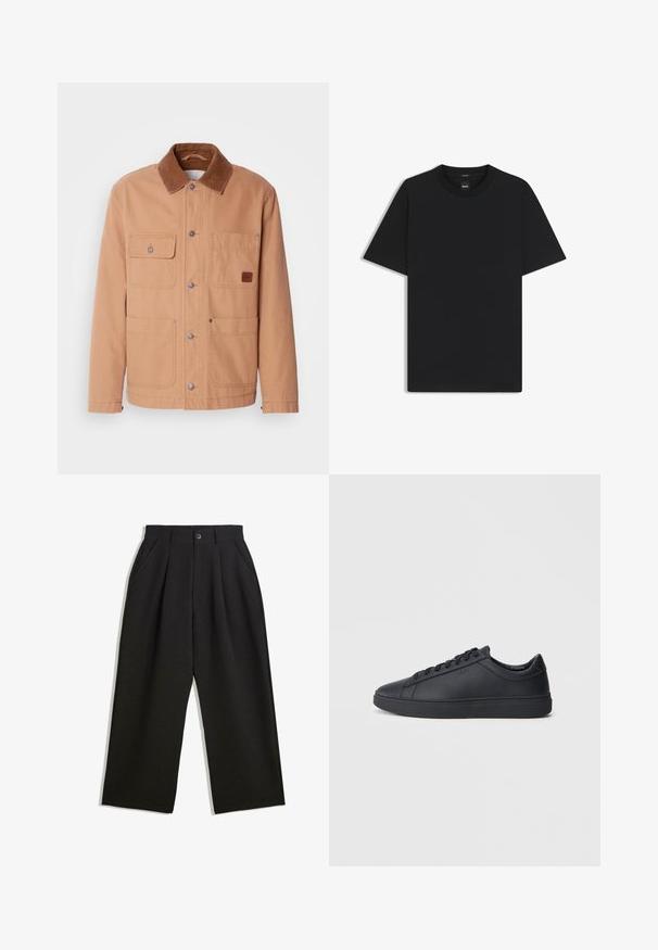 Beige jacka i bomullscanvas med krage i brunt manchester. Har två bröstfickor, två nederfickor och tryckknapplåsning.; Svart kortärmad T-shirt i en mjuk bomullsblandning, med rundad halsringning och en minimalistisk design utan mönster eller detaljer.; Svarta byxor med avslappnad passform, utrustade med veck fram, sidofickor och knappstängning. Tillverkade av strukturerad tyg.; Svarta sneakers i slätt läder med låg design, rund tå och platt gummisula. Har snörning och subtil branding.