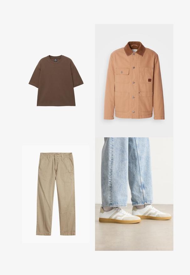 Hnedý kabát vyrobený z bavlneného plátna s hnedým zamatovým golierom. Obsahuje dve náprsné vrecká, dve dolné vrecká a zapínanie na pracku.; Hnedé oversized tričko vyrobené z jemnej bavlny, s okrúhlym výstrihom a krátkymi rukávmi. Bezšvový dizajn bez ďalších vzorov alebo akcentov.; Béžové chinos nohavice rovného strihu s pútkami na opasok, predným gombíkom a zipsom, a šikmými prednými vreckami.; Biele tenisky s béžovými semišovými akcentmi a svetlými gumovými podrážkami; majú nízky dizajn a štruktúrované detaily na vrchnej časti.