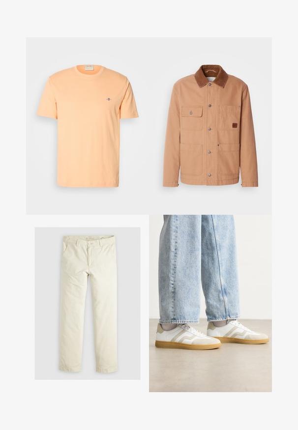 Jachetă bej din pânză de bumbac, cu guler din catifea groasă maro. Dispune de două buzunare pe piept, două buzunare mai jos și închideri cu capse.; Tricou cu mânecă scurtă din bumbac piersiciu deschis, având un mic logo albastru pe piept. Decolteu rotund cu o textură netedă.; Pantaloni lejeri de culoare bej deschis, cu trei buzunare, bretele și un design cu picior drept. Realizați dintr-un material moale din amestec de bumbac.; Adidași albi cu accente din suede bej și soles din cauciuc deschis; prezentând un design low-top și detalii texturate pe partea superioară.