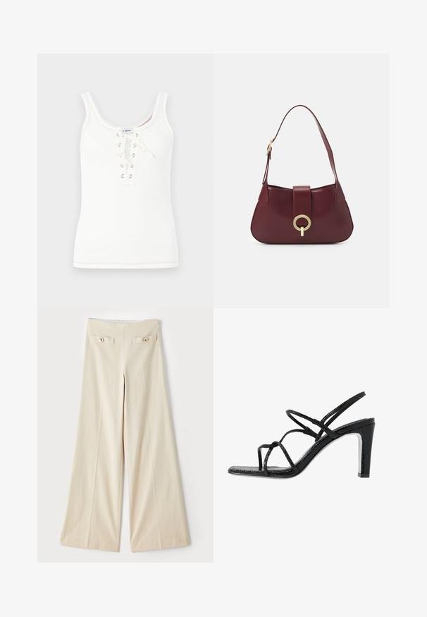 Zwarte leren jas met een bruin schapenvachtkraag en -manchetten, met een sluiting met knopen aan de voorkant en twee grote zijzakken.; Witte geribbelde tanktop met een lace-up voorkant met metalen oogjes en een ronde halslijn, afgewerkt met contrasterende stiksels.; Beige wijde broek met een hoge taille, voorzien van twee decoratieve voorkezen en gouden knopen aan beide zijden. Glad stofoppervlak.; Zwarte hoge sandalen met dunne banden, een gestructureerde afwerking, open teen en een slank, puntig hakontwerp. Beschikt over een gladde inlegzool en een glanzend oppervlak.; Bordeaux leren handtas met een gebogen vorm, een gouden cirkelvormige hardware accent en een enkele schouderband. Zachte textuur, minimalistisch ontwerp.