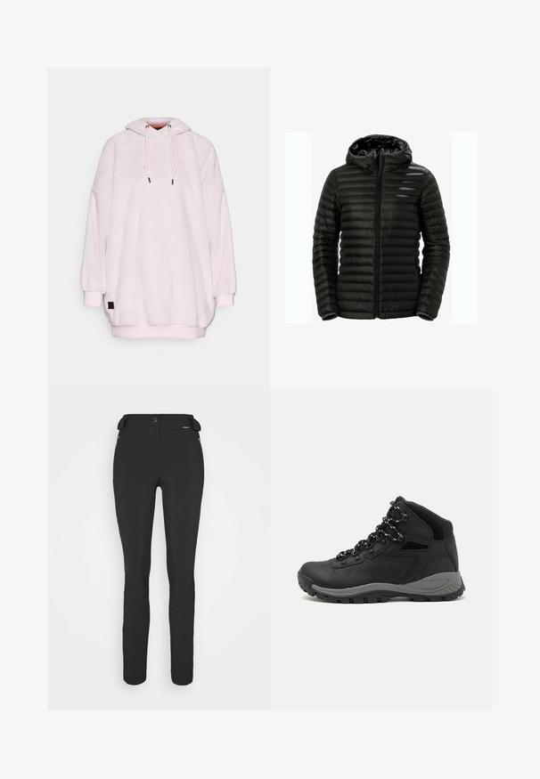Schwarze gefütterte Jacke mit Kapuze, Reißverschluss, gestepptem Design und elastischen Bündchen. Hergestellt aus leichtem, glänzendem Material.; Hoodie, hellrosa, aus weichem, strukturiertem Stoff. Lockere Passform, mit elastischen Bündchen und Saum. Mit schwarzem Logo-Patch an der Seite.; Schwarze, enganliegende Hosen aus einem flexiblen Material. Zu den Merkmalen gehören eine seitliche Reißverschlusstasche, vorgeformte Knie und eine glatte Textur.; Schwarzer Wanderstiefel mit einem mittelhohen Design, ausgestattet mit einer strukturierten Oberfläche, grauen Akzenten und einer robusten Gummisohle mit Profilstollen.