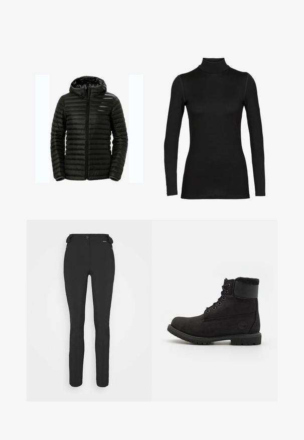 Chaqueta de plumas negra con capucha, cierre de cremallera, diseño acolchado y puños elásticos. Fabricada con material ligero y brillante.; Top negro de manga larga con cuello tipo tortuga, hecho de una tela suave y elástica. Presenta un diseño ajustado con hombros sin costuras y un cuello alto.; Pantalones negros ajustados hechos de un material flexible. Las características incluyen un bolsillo lateral con cremallera, rodillas articuladas y una textura suave.; Botín de tobillo de cuero negro con punta redonda, cierre de cordones en la parte frontal, cuello de piel sintética y suela de goma. Presenta un logo de marca en el costado.