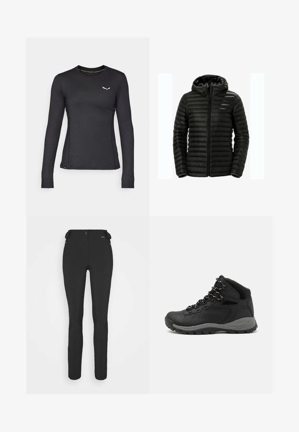 Zwarte pufferjack met een capuchon, ritssluiting, gewatteerd ontwerp en elastische manchetten. Gemaakt van lichtgewicht, glanzend materiaal.; Zwart long-sleeve basislaag shirt gemaakt van textuurstof, met een ronde halslijn en een klein wit logo op de borst.; Zwarte, strakke broek gemaakt van een flexibel materiaal. Kenmerken zijn onder andere een ritszak aan de zijkant, gebogen knieën en een gladde textuur.; Zwarte wandelschoen met een mid-top ontwerp, voorzien van een gestructureerde bovenkant, grijze accenten en een duurzame rubberen zool met gripnoppen.