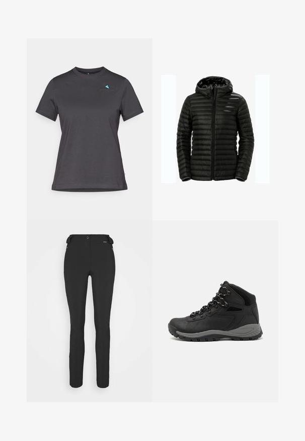 Zwarte pufferjack met een capuchon, ritssluiting, gewatteerd ontwerp en elastische manchetten. Gemaakt van lichtgewicht, glanzend materiaal.; Donkergrijze T-shirt met korte mouwen, gemaakt van zachte katoen. Heeft een ronde halslijn en een klein blauw logo op de borst. Glad textuur.; Zwarte, strakke broek gemaakt van een flexibel materiaal. Kenmerken zijn onder andere een ritszak aan de zijkant, gebogen knieën en een gladde textuur.; Zwarte wandelschoen met een mid-top ontwerp, voorzien van een gestructureerde bovenkant, grijze accenten en een duurzame rubberen zool met gripnoppen.