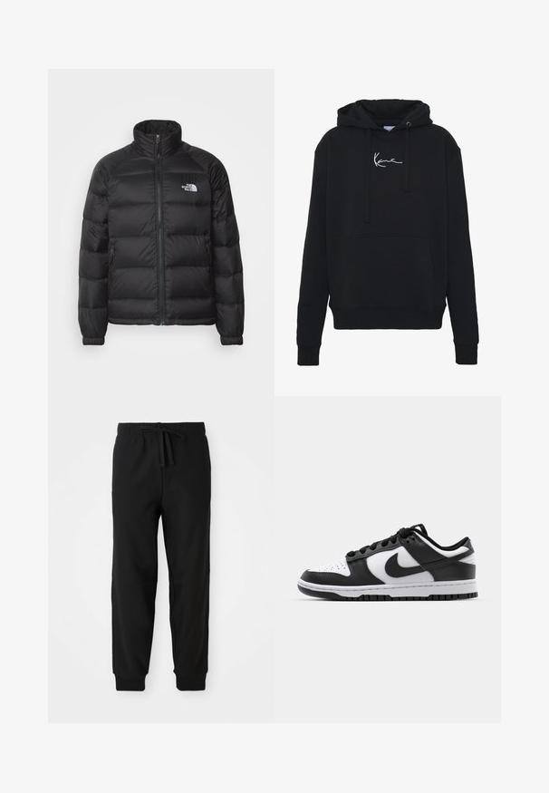 Zwarte pufferjack met een hoge kraag, ritssluiting, gewatteerde padding en zijzakken. Bevat een klein wit logo op de borst.; Zwarte hoodie van zachte stof, met een voorzak, koorden en witte logo borduring op de borst. Klassieke pasvorm en geribde manchetten.; Zwarte trainingsbroek met een elastische tailleband en verstelbare trekkoorden. Aangepaste boorden en zijnaad zorgen voor een gestroomlijnd silhouet.; Zwart-witte Nike Dunk sneakers met een leren bovenwerk, geperforeerde neus, zwarte veters en een zwarte rubberen zool met profiel.