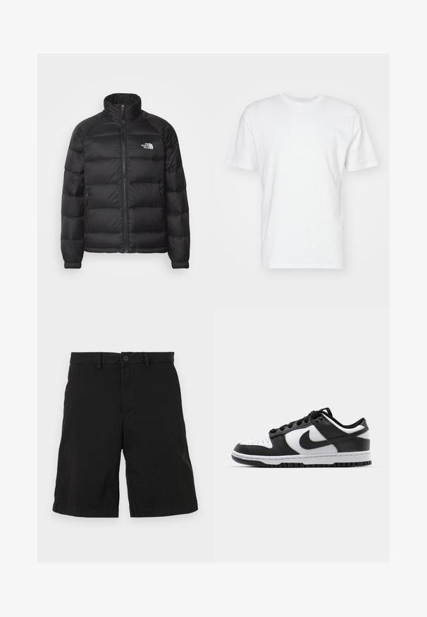Crna puffer jakna s visokim ovratnikom, zatvaranjem na rajsferšlus, podstavom u obliku kvadrata i bočnim džepovima. Ima mali bijeli logo na prsima.; Bijela pamučna majica s kratkim rukavima, okruglim izrezom i glatkom teksturom. Jednostavan dizajn bez uzoraka ili grafika.; Crne kratke hlače od pamuka s ravnim prednjim dijelom, s kopčanjem na gumb i bočnim džepovima, bez vidljivih uzoraka ili naglasaka.; Crno-bijeli Nike Dunk tenisice s kožnom gornjom površinom, perforiranim prstom, crnim vezicama i crnom gumenom potplatom s dizajnom rebrastog uzorka.