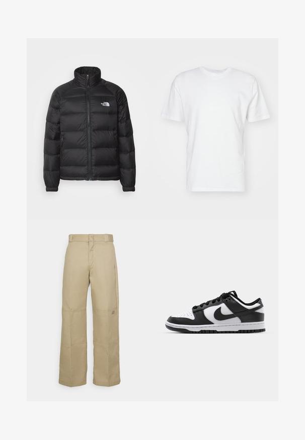 Doudoune noire avec un col montant, une fermeture éclair, un rembourrage matelassé et des poches latérales. Présente un petit logo blanc sur la poitrine.; T-shirt en coton blanc à manches courtes, encolure ronde et texture lisse. Design simple sans motifs ni graphiques.; Pantalons larges beiges en tissu résistant, dotés d'une taille haute, de coutures visibles et d'un petit logo sur le côté.; Baskets Nike Dunk en noir et blanc avec une tige en cuir, un bout perforé, des lacets noirs et une semelle en caoutchouc noir avec un motif de semelle.