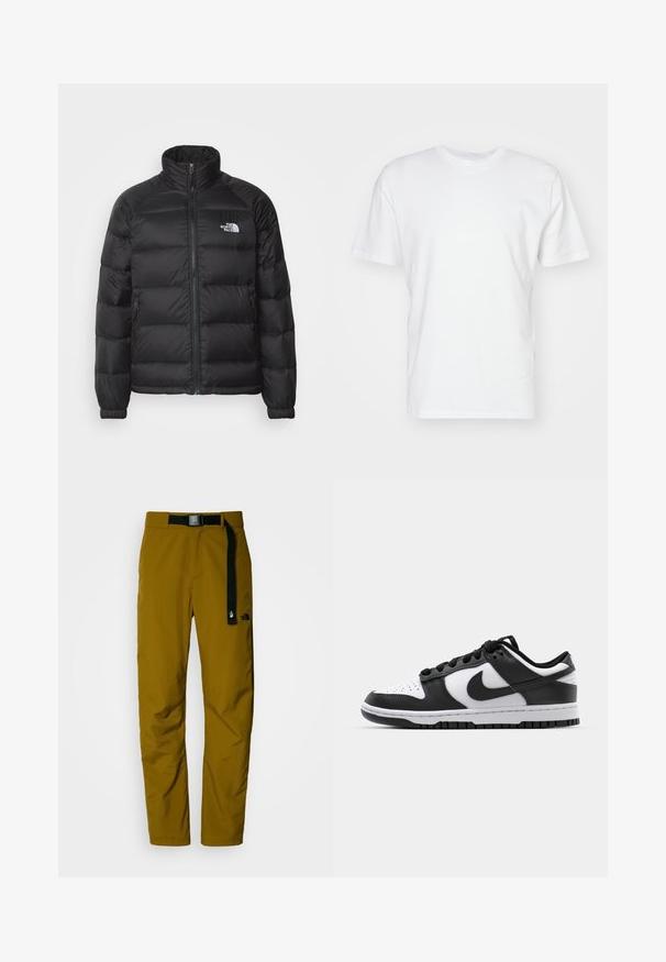 Černá péřová bunda s vysokým límcem, zipovým zapínáním, prošívanou výplní a bočními kapsami. Obsahuje malé bílé logo na hrudi.; Bílý bavlněný tričko s krátkým rukávem, kulatým výstřihem a hladkým povrchem. Jednoduchý design bez vzorů nebo grafik.; Voděodolné, lehké venkovní kalhoty v tmavě hořčicové barvě s černým nastavitelným pásem a logem na levém stehně.; Černobílé tenisky Nike Dunk s koženým svrškem, perforovanou špičkou, černými tkaničkami a černou gumovou podrážkou s dezénem.