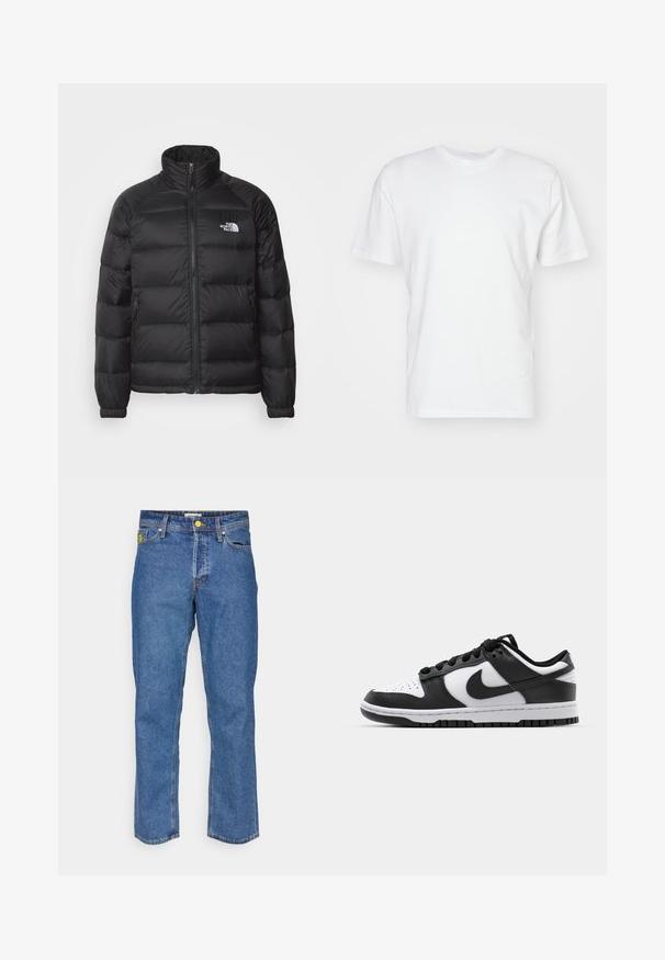 Juodas pūkinis švarkas su aukštu apykakle, užtrauktuku, siuvinėta užpildu ir šoninėmis kišenėmis. Ant krūtinės yra mažas baltas logotipas.; Balta medvilninė marškinėliai trumpomis rankovėmis, apvaliu iškirpimu ir lygiu paviršiumi. Paprastas dizainas be raštų ar grafikos.; Mėlynos džinsinės kelnės su tiesiu pjūviu, turinčios geltoną metalinę furnitūrą, penkias kišenes ir subtilius siuvimo akcentus visame paviršiuje.; Juoda ir balta Nike Dunk sportbačiai, turintys odinį viršutinį sluoksnį, perforuotą nykštyje, juodas raišteles ir juodą guminį pado su reljefu.
