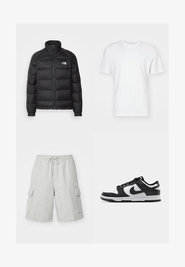 Casaco puff preto com gola alta, fecho de zípper, enchimento almofadado e bolsos laterais. Apresenta um pequeno logótipo branco no peito.; T-shirt de algodão branca com mangas curtas, decote redondo e uma textura suave. Design simples sem padrões ou gráficos.; Calções de ganga cinzentos em algodão, com um cós elástico, cordão e dois bolsos laterais. Branding minimalista na frente. Textura suave.; Tênis Nike Dunk em preto e branco com cabedal em couro, ponta perfurada, atacadores pretos e sola de borracha preta com design de rasto.