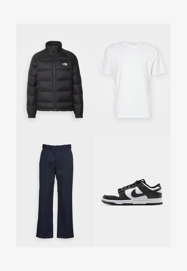 Čierna nafukovacia bunda s vysokým golierom, zipsom, prešívanou výplňou a bočnými vreckami. Má malé biele logo na hrudi.; Biela bavlnená tričko s krátkymi rukávmi, okrúhlym výstrihom a hladkou textúrou. Jednoduchý dizajn bez vzorov alebo grafiky.; Námornícké modré nohavice so strihom rovného nohu, vyrobené z hladkej tkaniny, s klasickým pásom a bez viditeľných vzorov či kovania.; Čierno-biele tenisky Nike Dunk s koženým vrchom, perforovanou špičkou, čiernymi šnúrkami a čiernou gumovou podrážkou s dezénom.